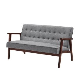 Mid-Century Modern Wood Frame Loveseat Sofa Couch with Grey Seat/Back Cushion