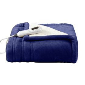 Heated Electric Sherpa Throw Blanket in Blue/White