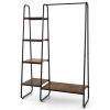 Industrial Wood Metal Garment Rack Clothes Hanging Bar with Storage Shelves