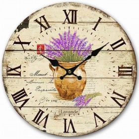 Decorative 14-inch Roman Numerals Wooden Wall Clock with French Lavender Pattern
