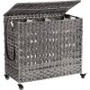 Grey PP Rattan 3-Basket Laundry Hamper Sorter Cart with Removable Cotton Bags