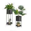 Set of 2 Black Metal Garden Planter Flower Pot Stand with Bottom Shelf