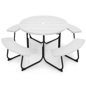 White Outdoor Metal and HDPE Picnic Table Bench Set with Umbrella Hole - Seats 8