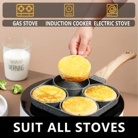 1pc Fry Pan For Egg, Non Stick Ham Pancake Maker, Egg Burger Pan With Wooden Handle, 4 Holes, For Induction Cooker Gas Stove