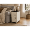 Farmhouse End Table with Charging Station, Nightstand with Barn Door and Drawer, Bedside Table for Bedroom Living Room, White+Black