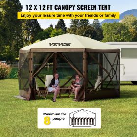 VEVOR Camping Gazebo Screen Tent; 12*12ft; 6 Sided Pop-up Canopy Shelter Tent with Mesh Windows; Portable Carry Bag; Stakes