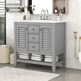36" Bathroom Vanity with Ceramic Basin, Two Cabinets and Drawers, Open Shelf, Solid Wood Frame