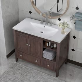 36" Bathroom Vanity with Ceramic Basin;  Bathroom Storage Cabinet with Two Doors and Drawers;  Solid Frame;  Metal Handles