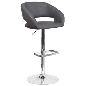 Erik Contemporary Gray Vinyl Adjustable Height Barstool with Rounded Mid-Back and Chrome Base