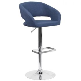 Erik Contemporary Blue Fabric Adjustable Height Barstool with Rounded Mid-Back and Chrome Base