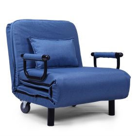 Modern Upholstered Convertible Folding Arm Sofa Sleeper Chair Bed Lounge w/ Pillow, Wheel, Metal Legs, 5 Position Adjustable Backrest, Blue