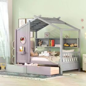 Twin House Bed with Storage Drawers (Color: Gray With Bookcase, size: Twin)