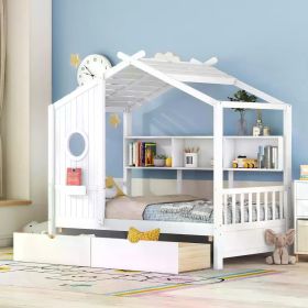 Twin House Bed with Storage Drawers (Color: White With Bookcase, size: Twin)
