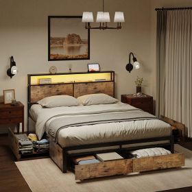 Queen Bed Frame with Storage Headboard (Color: Rustic Brown, size: King)