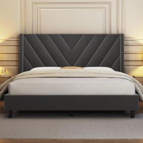 Queen Frame Platform Bed with Slat Support (Color: Queen Dark Gray)