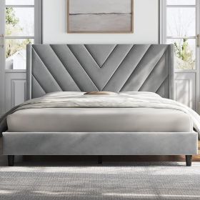 Queen Frame Platform Bed with Slat Support (Color: Queen Light Gray)