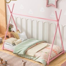Metal Twin Size House Platform Bed (Color: Pink Metal)