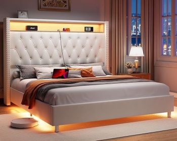 Bed Frame, Upholstered with Charging Station, (Color: Cream, size: King)