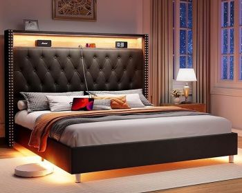 Bed Frame, Upholstered with Charging Station, (Color: Black, size: King)
