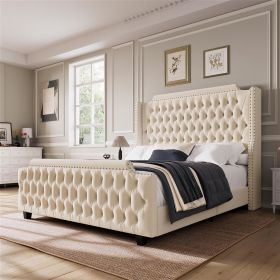 Queen Bed Frame with Deep Button Tufted Footboard (Color: Cream, size: King)