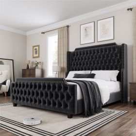 Queen Bed Frame with Deep Button Tufted Footboard (Color: Black, size: King)