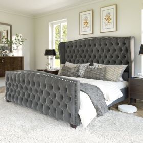 Bed Frame, Velvet Upholstered Bed with Deep Button Tufted (Color: Grey, size: Queen)