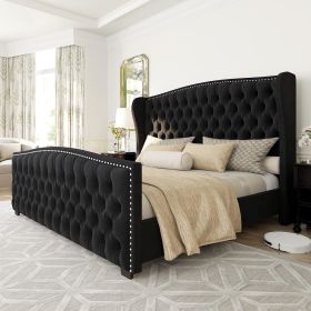 Bed Frame, Velvet Upholstered Bed with Deep Button Tufted (Color: Black, size: Queen)